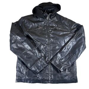 Whispering Smith Faux Leather Hooded Bomber  Jacket Distressed Men's Size M